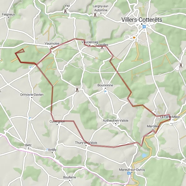 Map miniature of "Gravel Route from La Ferté-Milon" cycling inspiration in Picardie, France. Generated by Tarmacs.app cycling route planner