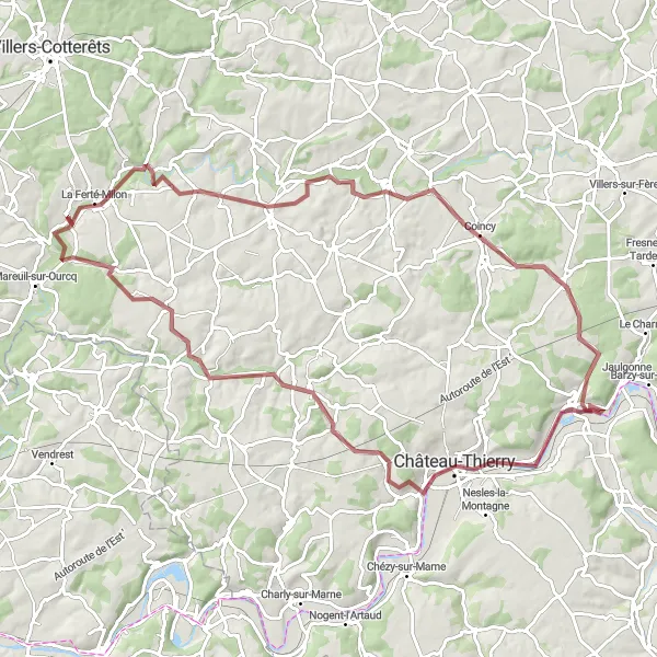 Miniature de la carte de l'inspiration cycliste "Parcours à vélo tout-terrain au départ de La Ferté-Milon" dans la Picardie, France. Générée par le planificateur d'itinéraire cycliste Tarmacs.app