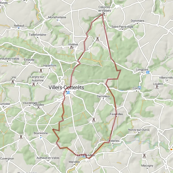 Miniature de la carte de l'inspiration cycliste "Tour de Villers-Cotterêts et Troësnes" dans la Picardie, France. Générée par le planificateur d'itinéraire cycliste Tarmacs.app