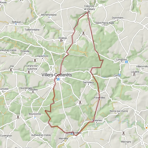 Map miniature of "The Villers-Cotterêts Adventure" cycling inspiration in Picardie, France. Generated by Tarmacs.app cycling route planner