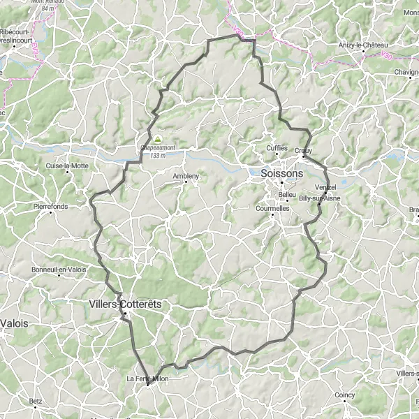Miniature de la carte de l'inspiration cycliste "Tour cycliste exigeant près de La Ferté-Milon" dans la Picardie, France. Générée par le planificateur d'itinéraire cycliste Tarmacs.app