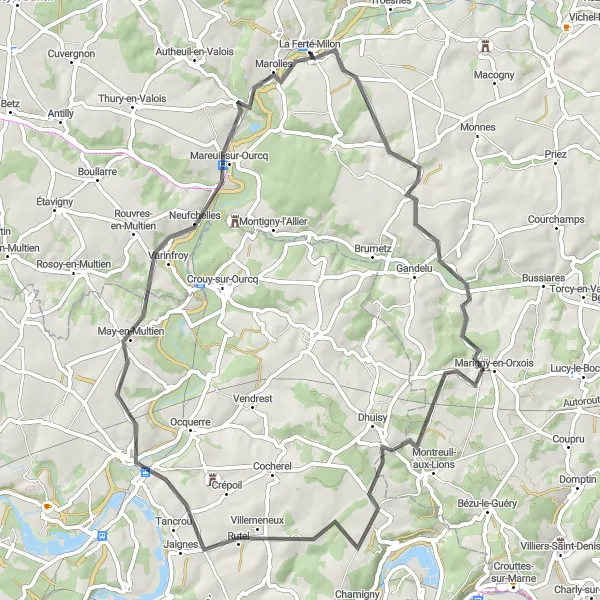 Miniature de la carte de l'inspiration cycliste "Boucle à vélo sur route autour de La Ferté-Milon" dans la Picardie, France. Générée par le planificateur d'itinéraire cycliste Tarmacs.app