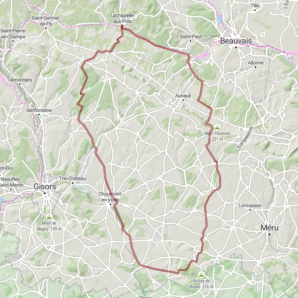 Miniature de la carte de l'inspiration cycliste "Escapade VTT à proximité de Lachapelle-aux-Pots" dans la Picardie, France. Générée par le planificateur d'itinéraire cycliste Tarmacs.app