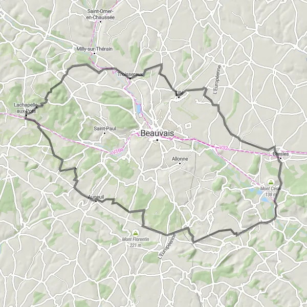 Map miniature of "The Troissereux Road Expedition" cycling inspiration in Picardie, France. Generated by Tarmacs.app cycling route planner