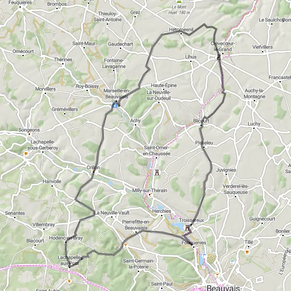 Map miniature of "The Lhéraule Road Circuit" cycling inspiration in Picardie, France. Generated by Tarmacs.app cycling route planner