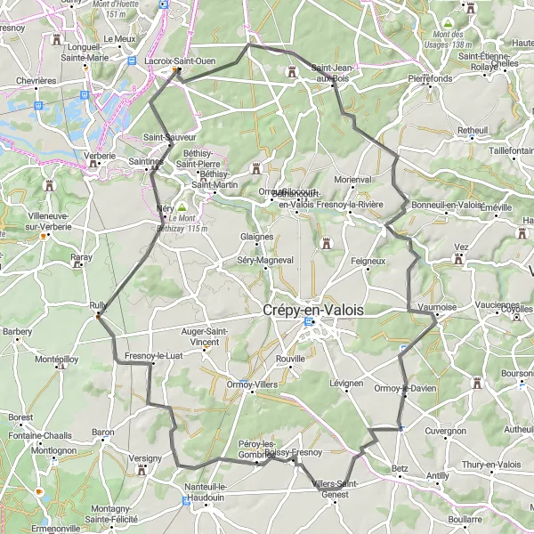 Map miniature of "Château Prat and Néry Loop" cycling inspiration in Picardie, France. Generated by Tarmacs.app cycling route planner