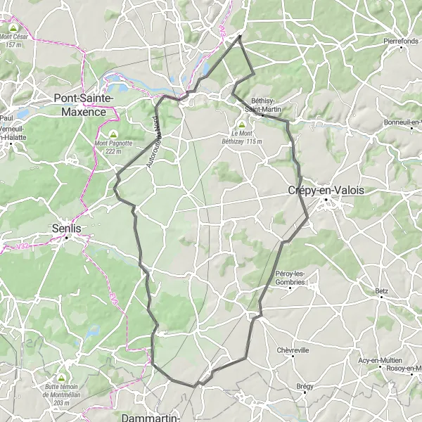 Map miniature of "Ermenonville and Béthisy-Saint-Pierre Loop" cycling inspiration in Picardie, France. Generated by Tarmacs.app cycling route planner
