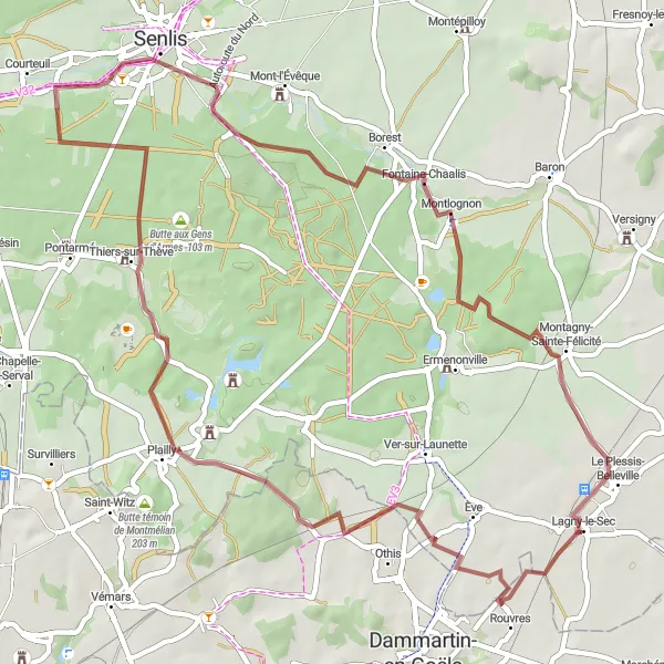 Miniature de la carte de l'inspiration cycliste "Les Chemins de Thiers-sur-Thève" dans la Picardie, France. Générée par le planificateur d'itinéraire cycliste Tarmacs.app