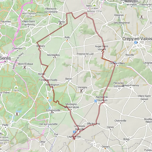 Miniature de la carte de l'inspiration cycliste "Parcours gravel de Fontaine-Chaalis à Silly-le-Long" dans la Picardie, France. Générée par le planificateur d'itinéraire cycliste Tarmacs.app