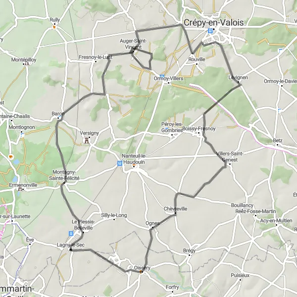 Miniature de la carte de l'inspiration cycliste "Les Chemins d'Auger-Saint-Vincent" dans la Picardie, France. Générée par le planificateur d'itinéraire cycliste Tarmacs.app