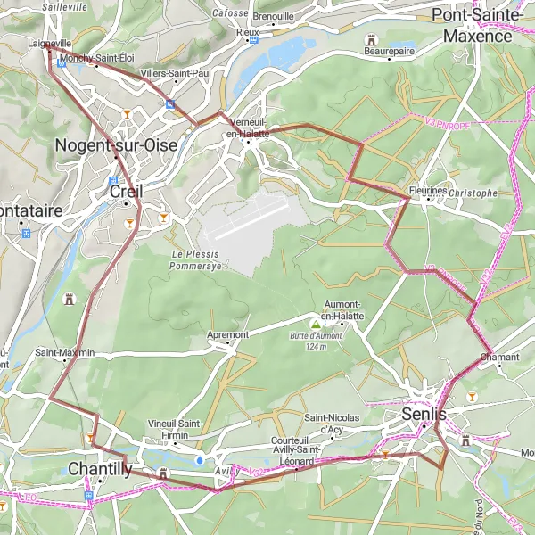Map miniature of "Verneuil-en-Halatte Gravel Ride" cycling inspiration in Picardie, France. Generated by Tarmacs.app cycling route planner