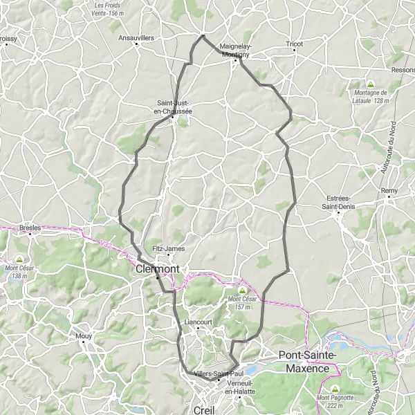Miniature de la carte de l'inspiration cycliste "La boucle Clermont-Avrigny" dans la Picardie, France. Générée par le planificateur d'itinéraire cycliste Tarmacs.app