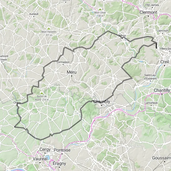 Miniature de la carte de l'inspiration cycliste "Aventure sur les routes de l'Oise" dans la Picardie, France. Générée par le planificateur d'itinéraire cycliste Tarmacs.app