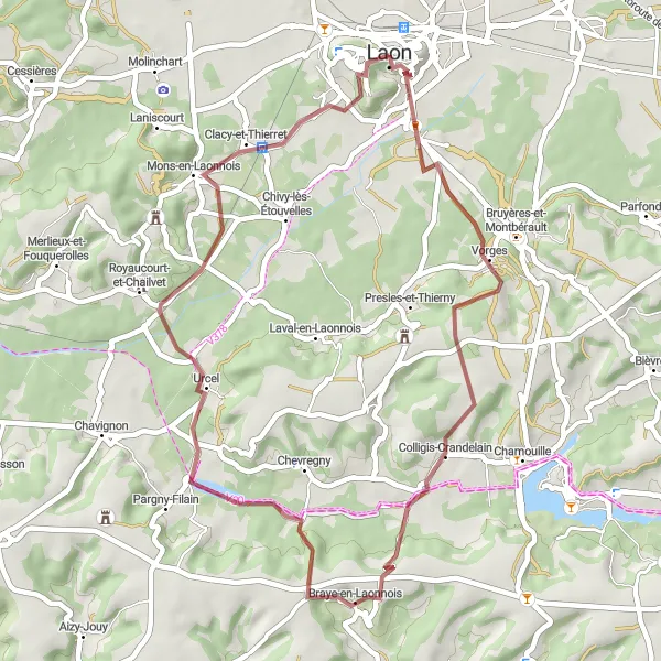 Map miniature of "Laon Gravel Adventure" cycling inspiration in Picardie, France. Generated by Tarmacs.app cycling route planner