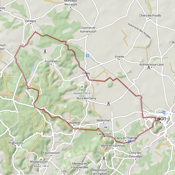 Miniature de la carte de l'inspiration cycliste "Aventure gravel autour de Laon et ses environs" dans la Picardie, France. Générée par le planificateur d'itinéraire cycliste Tarmacs.app