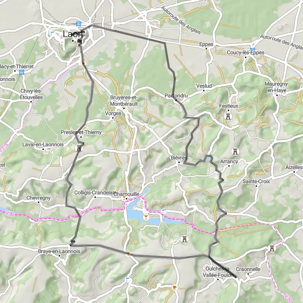 Map miniature of "Laon Road Adventure" cycling inspiration in Picardie, France. Generated by Tarmacs.app cycling route planner