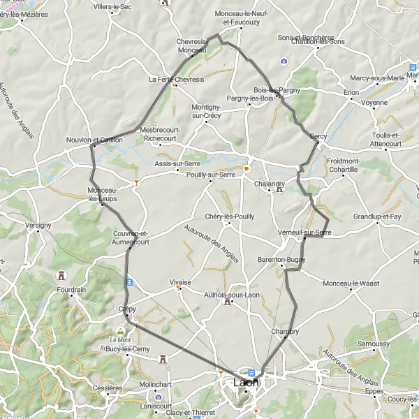 Miniature de la carte de l'inspiration cycliste "La boucle de Laon à travers les villages pittoresques" dans la Picardie, France. Générée par le planificateur d'itinéraire cycliste Tarmacs.app