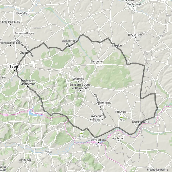 Map miniature of "Laon Epic Road Tour" cycling inspiration in Picardie, France. Generated by Tarmacs.app cycling route planner