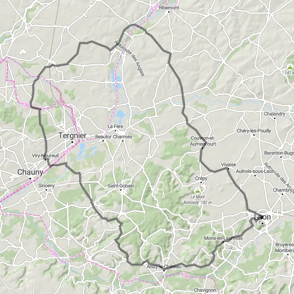 Miniature de la carte de l'inspiration cycliste "Laon et ses environs pittoresques en vélo de route" dans la Picardie, France. Générée par le planificateur d'itinéraire cycliste Tarmacs.app