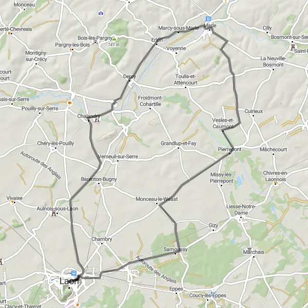 Miniature de la carte de l'inspiration cycliste "Laon to Samoussy Loop" dans la Picardie, France. Générée par le planificateur d'itinéraire cycliste Tarmacs.app