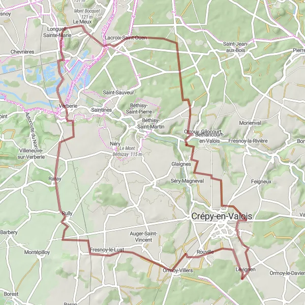 Map miniature of "Traversing the Gravel Trails near Le Meux" cycling inspiration in Picardie, France. Generated by Tarmacs.app cycling route planner