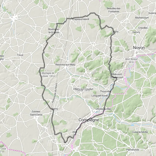 Miniature de la carte de l'inspiration cycliste "Le Tour des Montagnes" dans la Picardie, France. Générée par le planificateur d'itinéraire cycliste Tarmacs.app