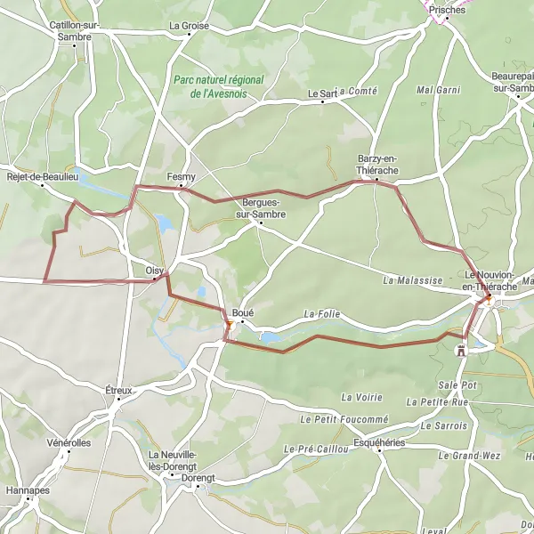 Miniature de la carte de l'inspiration cycliste "Châteaux et chemins de gravel" dans la Picardie, France. Générée par le planificateur d'itinéraire cycliste Tarmacs.app