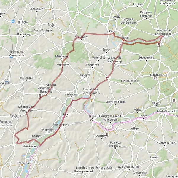 Map miniature of "Gamboling Through Gravel" cycling inspiration in Picardie, France. Generated by Tarmacs.app cycling route planner