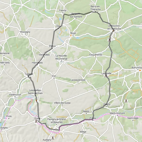 Map miniature of "Along the Thiérache Valleys" cycling inspiration in Picardie, France. Generated by Tarmacs.app cycling route planner