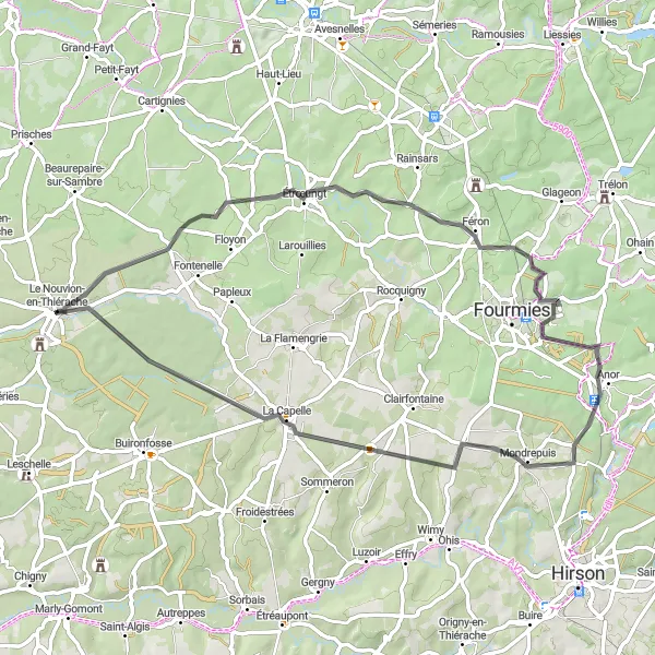 Miniature de la carte de l'inspiration cycliste "Le Tour de Thiérache" dans la Picardie, France. Générée par le planificateur d'itinéraire cycliste Tarmacs.app