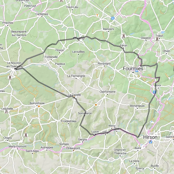 Map miniature of "A Ride Through Thiérache Countryside" cycling inspiration in Picardie, France. Generated by Tarmacs.app cycling route planner