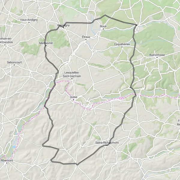 Map miniature of "Thiérache Journey" cycling inspiration in Picardie, France. Generated by Tarmacs.app cycling route planner