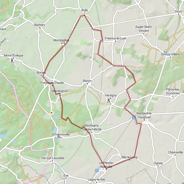 Miniature de la carte de l'inspiration cycliste "Parcours à travers Borest et Silly-le-Long" dans la Picardie, France. Générée par le planificateur d'itinéraire cycliste Tarmacs.app