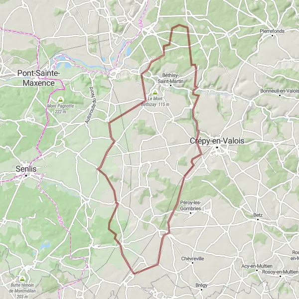 Map miniature of "Montagny-Sainte-Félicité - Montépilloy - Saintines - Glaignes - Nanteuil-le-Haudouin - Le Plessis-Belleville" cycling inspiration in Picardie, France. Generated by Tarmacs.app cycling route planner