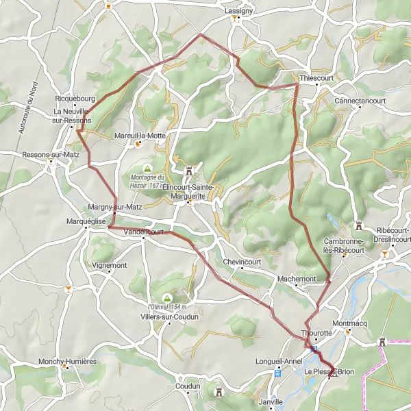 Map miniature of "Gems of Matz" cycling inspiration in Picardie, France. Generated by Tarmacs.app cycling route planner