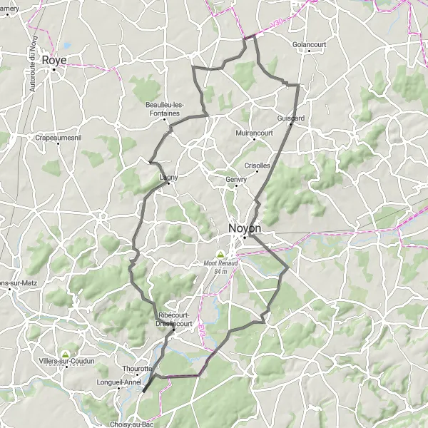 Miniature de la carte de l'inspiration cycliste "Route panoramique de 82 km autour de Le Plessis-Brion" dans la Picardie, France. Générée par le planificateur d'itinéraire cycliste Tarmacs.app