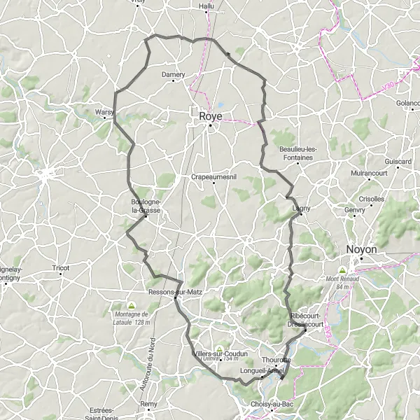 Miniature de la carte de l'inspiration cycliste "Itinéraire Historique Camp de César" dans la Picardie, France. Générée par le planificateur d'itinéraire cycliste Tarmacs.app