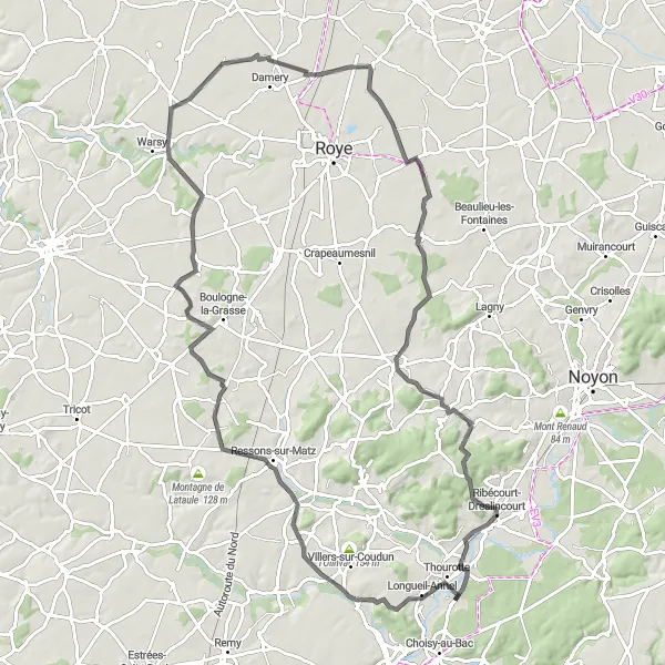 Miniature de la carte de l'inspiration cycliste "Parcours pittoresque de 98 km près de Le Plessis-Brion" dans la Picardie, France. Générée par le planificateur d'itinéraire cycliste Tarmacs.app