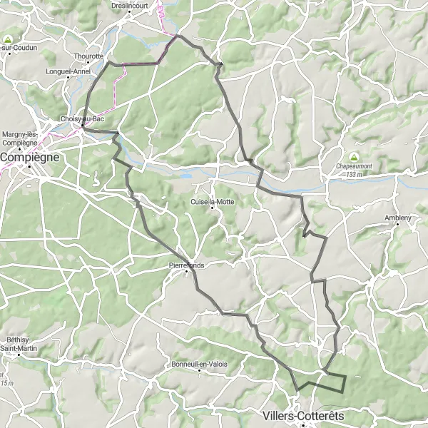 Miniature de la carte de l'inspiration cycliste "Boucle Le Plessis-Brion-Chateau" dans la Picardie, France. Générée par le planificateur d'itinéraire cycliste Tarmacs.app
