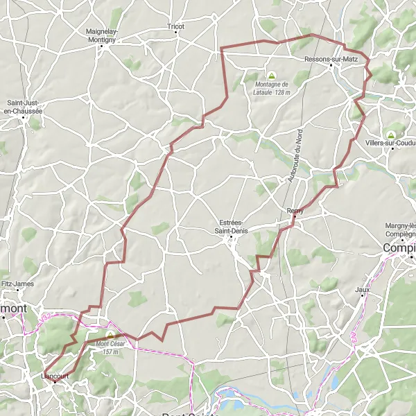 Miniature de la carte de l'inspiration cycliste "Aventure vallonnée de Fouilleuse à Catenoy" dans la Picardie, France. Générée par le planificateur d'itinéraire cycliste Tarmacs.app
