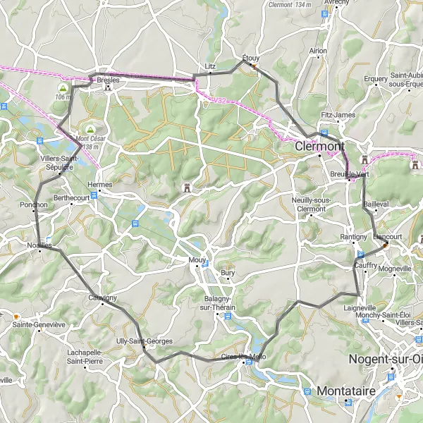 Miniature de la carte de l'inspiration cycliste "Excursion champêtre de Cires-lès-Mello à Bailleval" dans la Picardie, France. Générée par le planificateur d'itinéraire cycliste Tarmacs.app