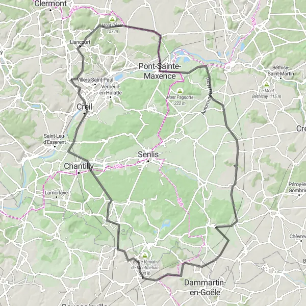 Map miniature of "The Forests of Oise" cycling inspiration in Picardie, France. Generated by Tarmacs.app cycling route planner