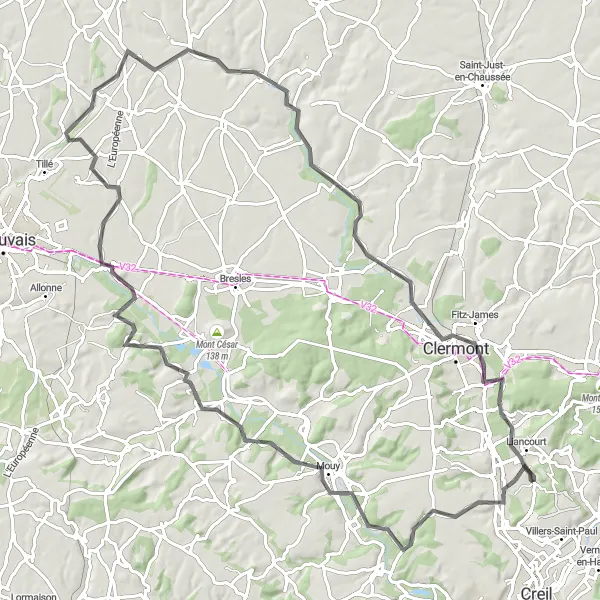 Miniature de la carte de l'inspiration cycliste "La Route des Châteaux" dans la Picardie, France. Générée par le planificateur d'itinéraire cycliste Tarmacs.app