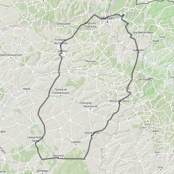 Miniature de la carte de l'inspiration cycliste "Aventure cycliste autour du Château de Marchais" dans la Picardie, France. Générée par le planificateur d'itinéraire cycliste Tarmacs.app