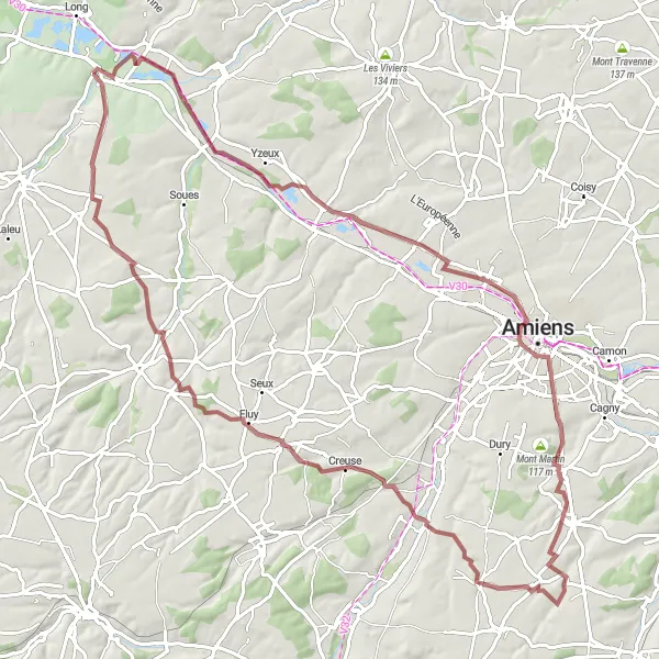 Map miniature of "Gravel Route from Longpré-les-Corps-Saints to Belvédère d'Hangest et de Bourdon" cycling inspiration in Picardie, France. Generated by Tarmacs.app cycling route planner