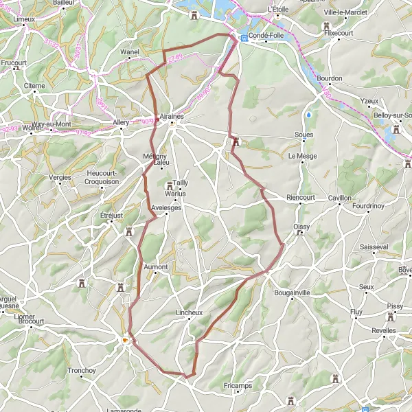 Miniature de la carte de l'inspiration cycliste "Parcours pittoresque à vélo à travers la campagne picarde" dans la Picardie, France. Générée par le planificateur d'itinéraire cycliste Tarmacs.app