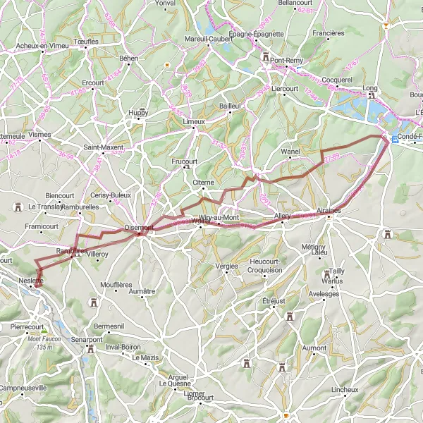 Miniature de la carte de l'inspiration cycliste "Excursion en gravel vers Airaines et Rambures" dans la Picardie, France. Générée par le planificateur d'itinéraire cycliste Tarmacs.app
