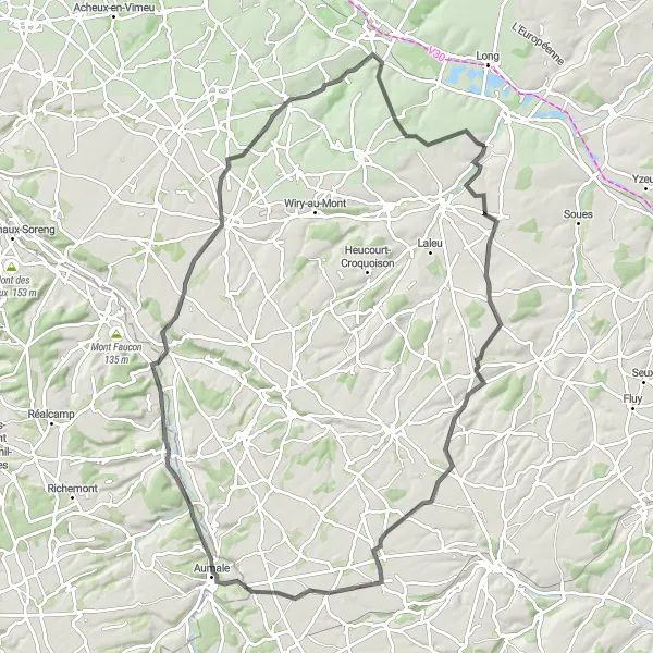 Miniature de la carte de l'inspiration cycliste "Parcours de cyclisme sur route à travers la Picardie" dans la Picardie, France. Générée par le planificateur d'itinéraire cycliste Tarmacs.app