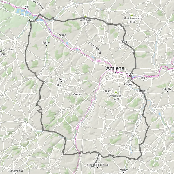 Miniature de la carte de l'inspiration cycliste "Randonnée routière à travers les terres picardes" dans la Picardie, France. Générée par le planificateur d'itinéraire cycliste Tarmacs.app