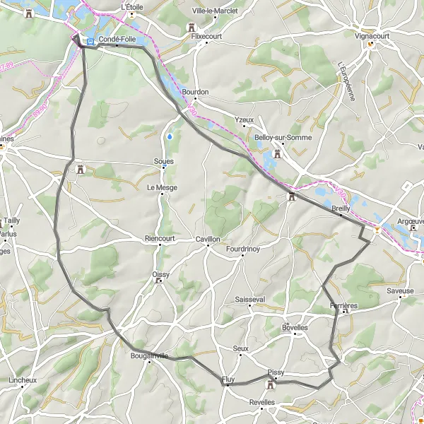 Miniature de la carte de l'inspiration cycliste "Route panoramique à travers la campagne picarde" dans la Picardie, France. Générée par le planificateur d'itinéraire cycliste Tarmacs.app